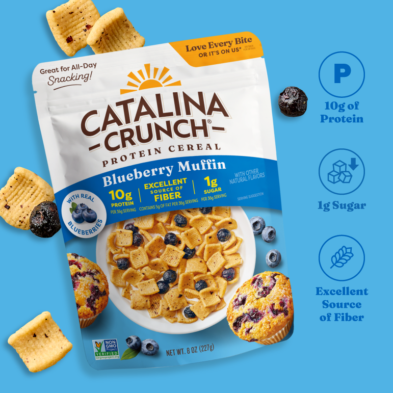 Catalina Crunch Blueberry Muffin protein cereal packaging on a blue background