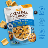 Catalina Crunch Blueberry Muffin protein cereal packaging on a blue background