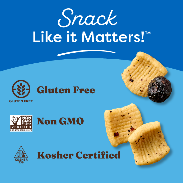 Snack with certification logos on a blue background