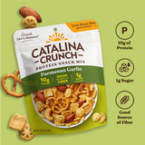 Catalina Crunch Protein Snack Mix package with nutritional information on a green background