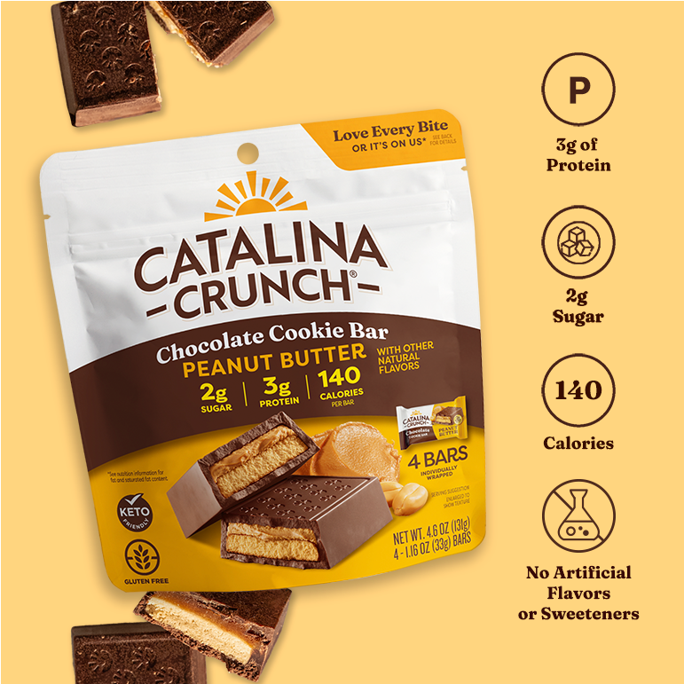 Catalina Crunch Chocolate Cookie Bar packaging with nutritional information on a yellow background