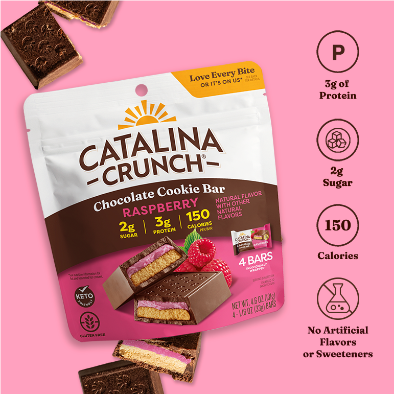 Catalina Crunch Chocolate Cookie Bar packaging with nutritional information on a pink background