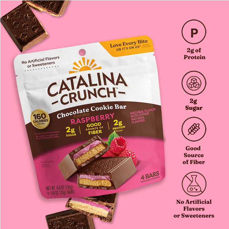 Catalina Crunch Chocolate Cookie Bar packaging with nutritional information on a pink background