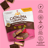 Catalina Crunch Chocolate Cookie Bar packaging with nutritional information on a pink background