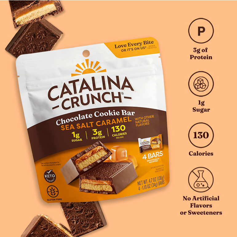Catalina Crunch Chocolate Cookie Bar packaging with nutritional information on a peach background