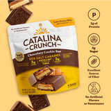 Front of package image of Catalina Crunch Sea Salt Caramel Chocolate Cookie Bars (4 pack) on yellow background with nutritional information