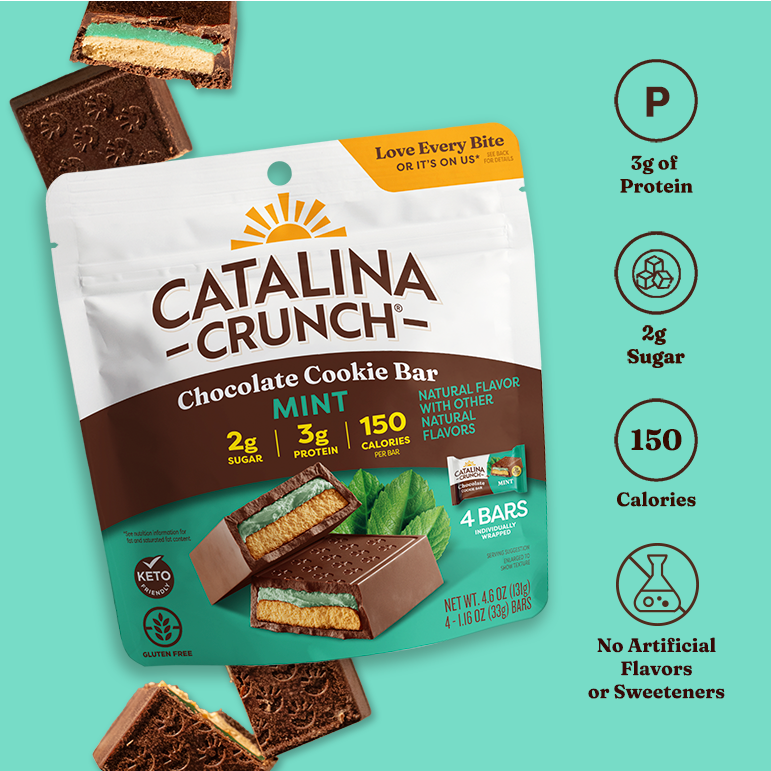 Catalina Crunch Chocolate Cookie Bar packaging with nutritional information on a teal background