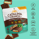 Catalina Crunch Chocolate Cookie Bar packaging with nutritional information on a teal background