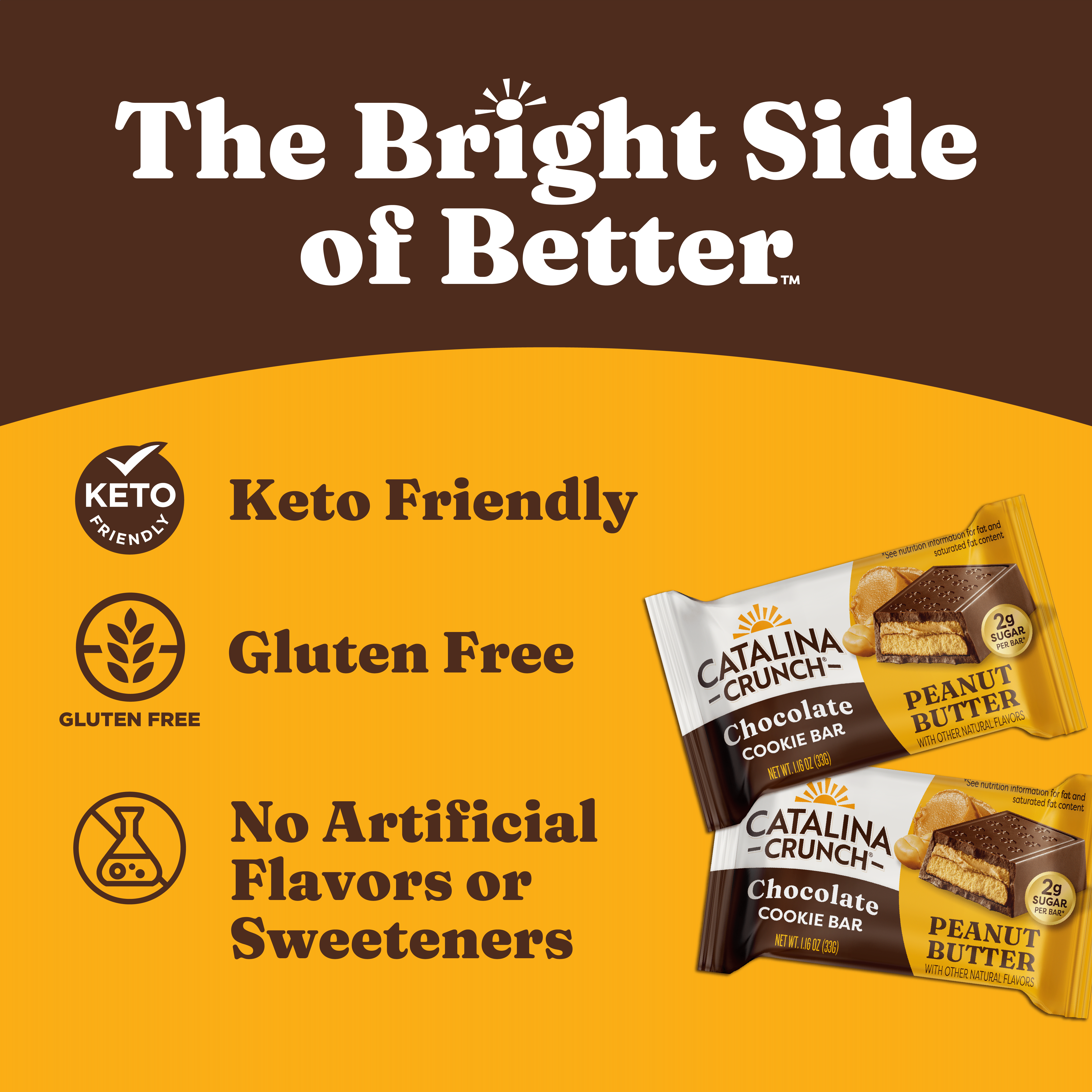 Catalina Crunch chocolate cookie bar packaging with branding and product details on a yellow and brown background.