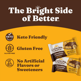 Catalina Crunch chocolate cookie bar packaging with branding and product details on a yellow and brown background.