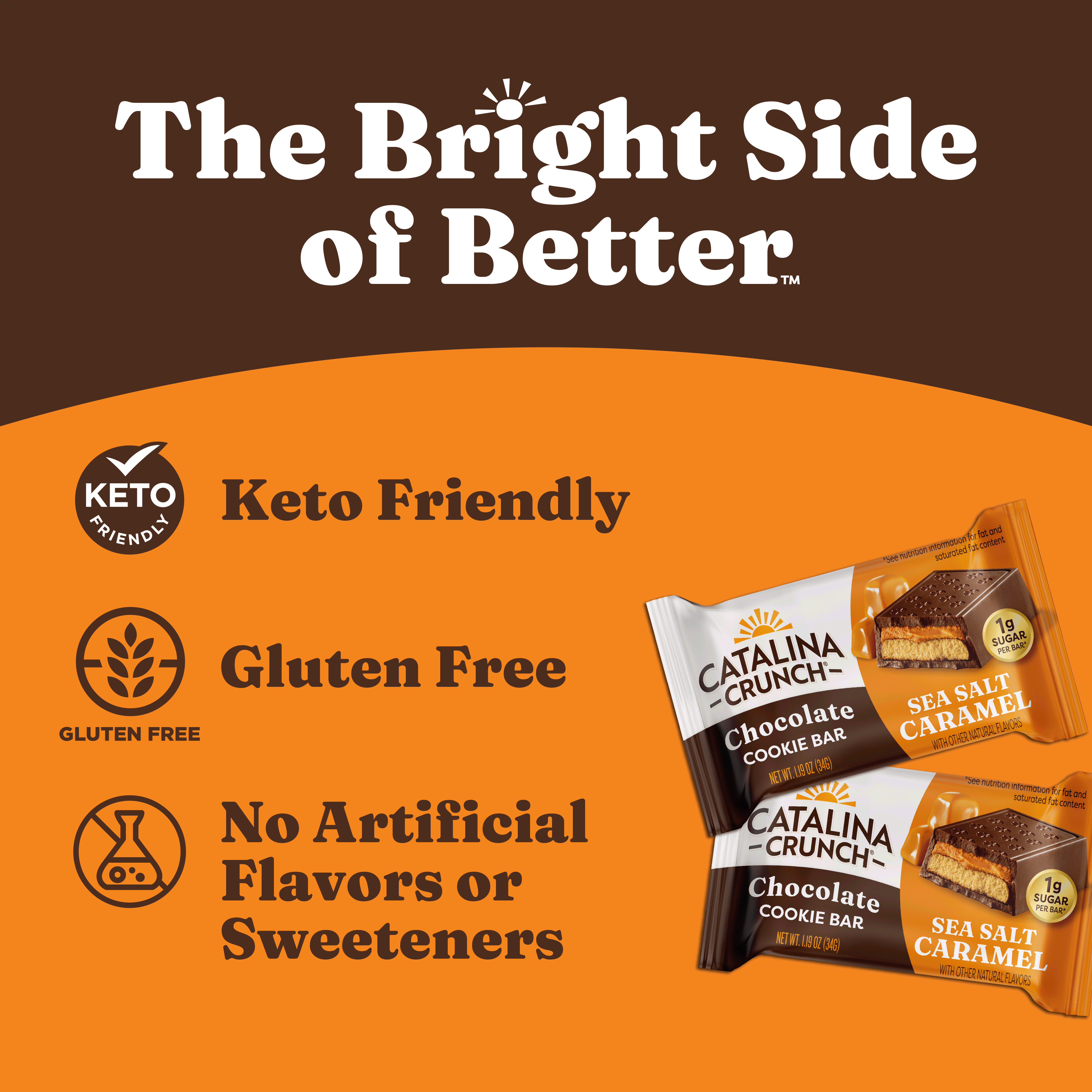 Catalina Crunch chocolate cookie bar packaging with branding and product details on an orange and brown background.