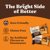 Catalina Crunch chocolate cookie bar packaging with branding and product details on an orange and brown background.