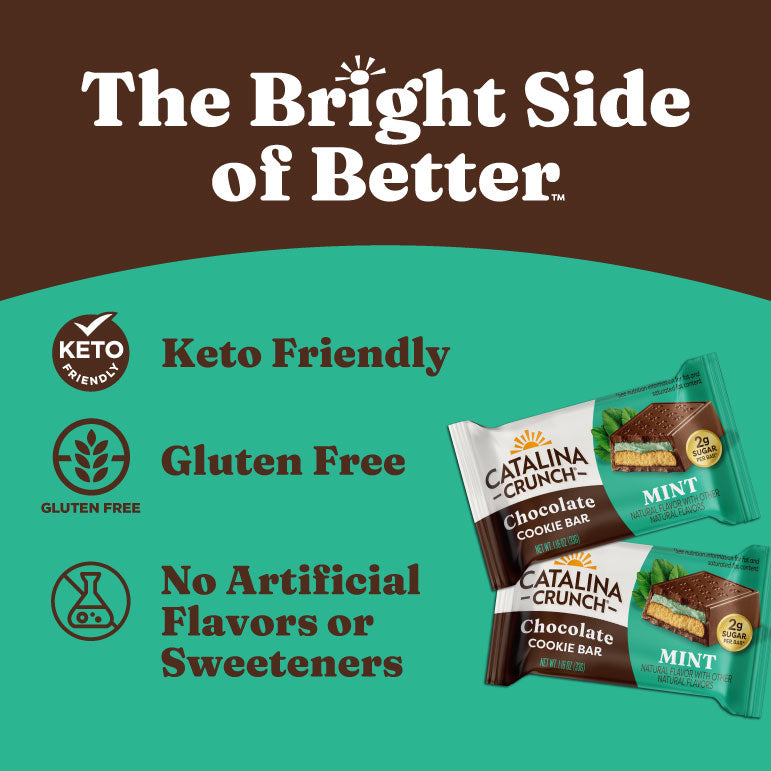 Catalina Crunch chocolate cookie bar packaging with branding and product details on a green and brown background.