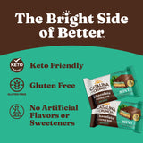 Catalina Crunch chocolate cookie bar packaging with branding and product details on a green and brown background.