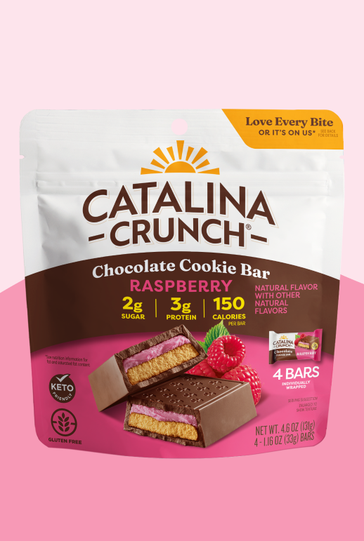 Catalina Crunch Chocolate Cookie Bar packaging on a pink background
