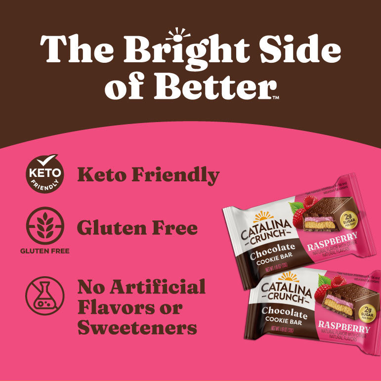 Catalina Crunch chocolate cookie bar packaging with branding and product details on a pink and brown background.