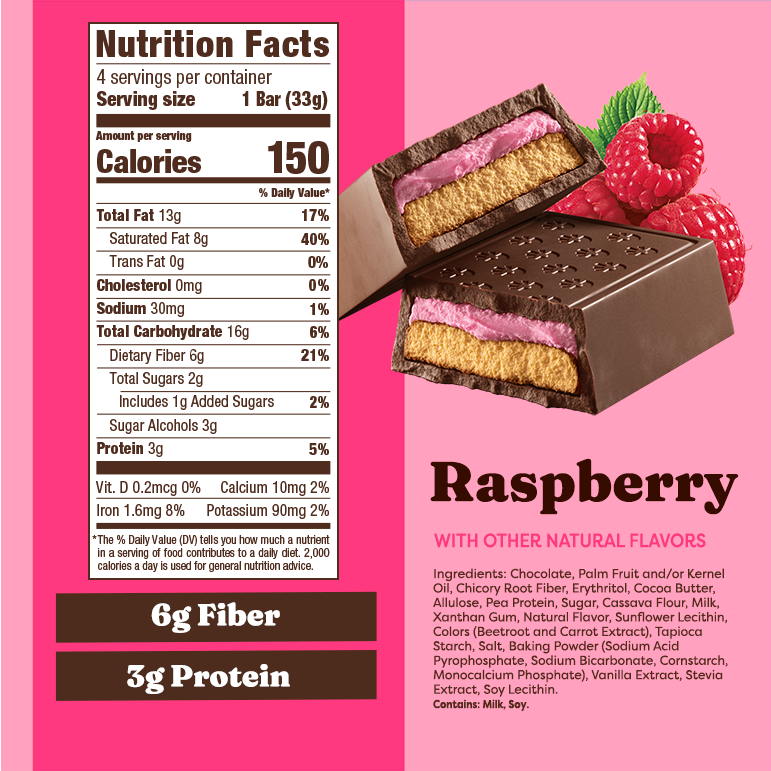 Nutrition facts label and packaging of a raspberry-flavored chocolate bar on a pink background.