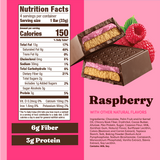 Nutrition facts label and packaging of a raspberry-flavored chocolate bar on a pink background.