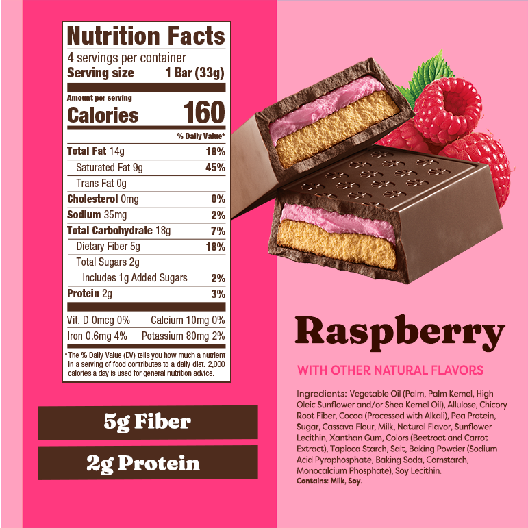 Nutrition facts label and packaging of a raspberry-flavored chocolate bar on a pink background.