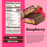 Nutrition facts label and packaging of a raspberry-flavored chocolate bar on a pink background.