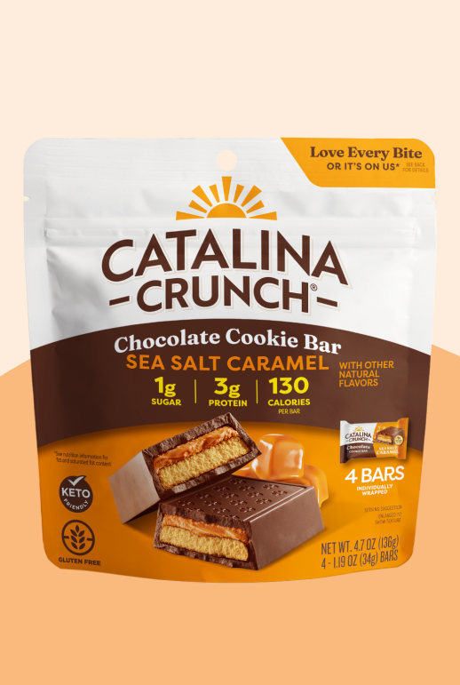 Catalina Crunch Chocolate Cookie Bar packaging on a beige background