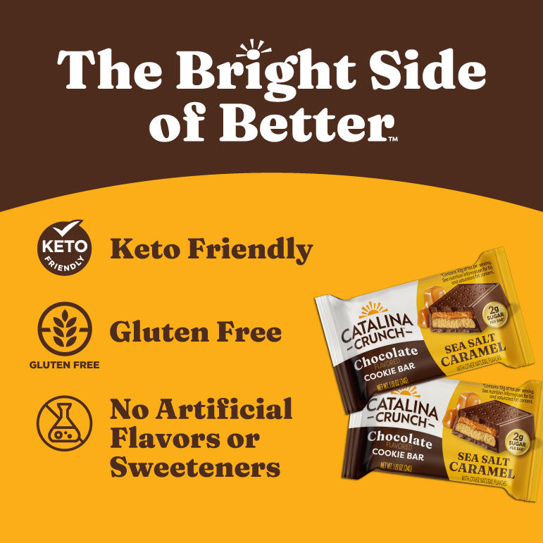 Catalina Crunch Sea Salt Caramel Chocolate Cookie Bars benefits on yellow and brown background
