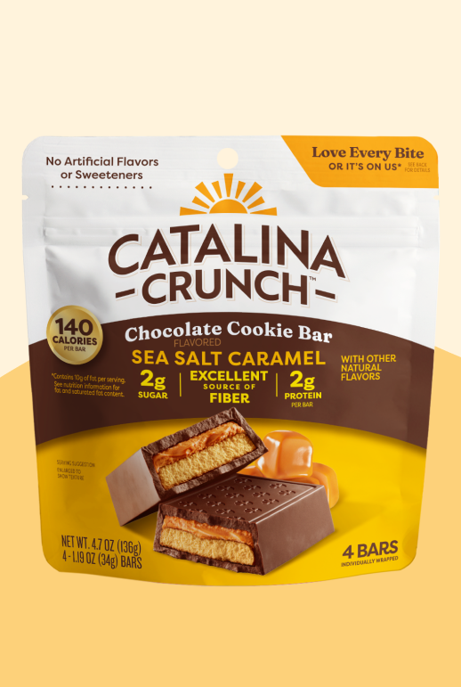 Front of package image of Catalina Crunch Sea Salt Caramel Chocolate Cookie Bars (4 pack) on yellow background