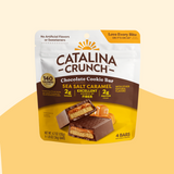 Front of package image of Catalina Crunch Sea Salt Caramel Chocolate Cookie Bars (4 pack) on yellow background