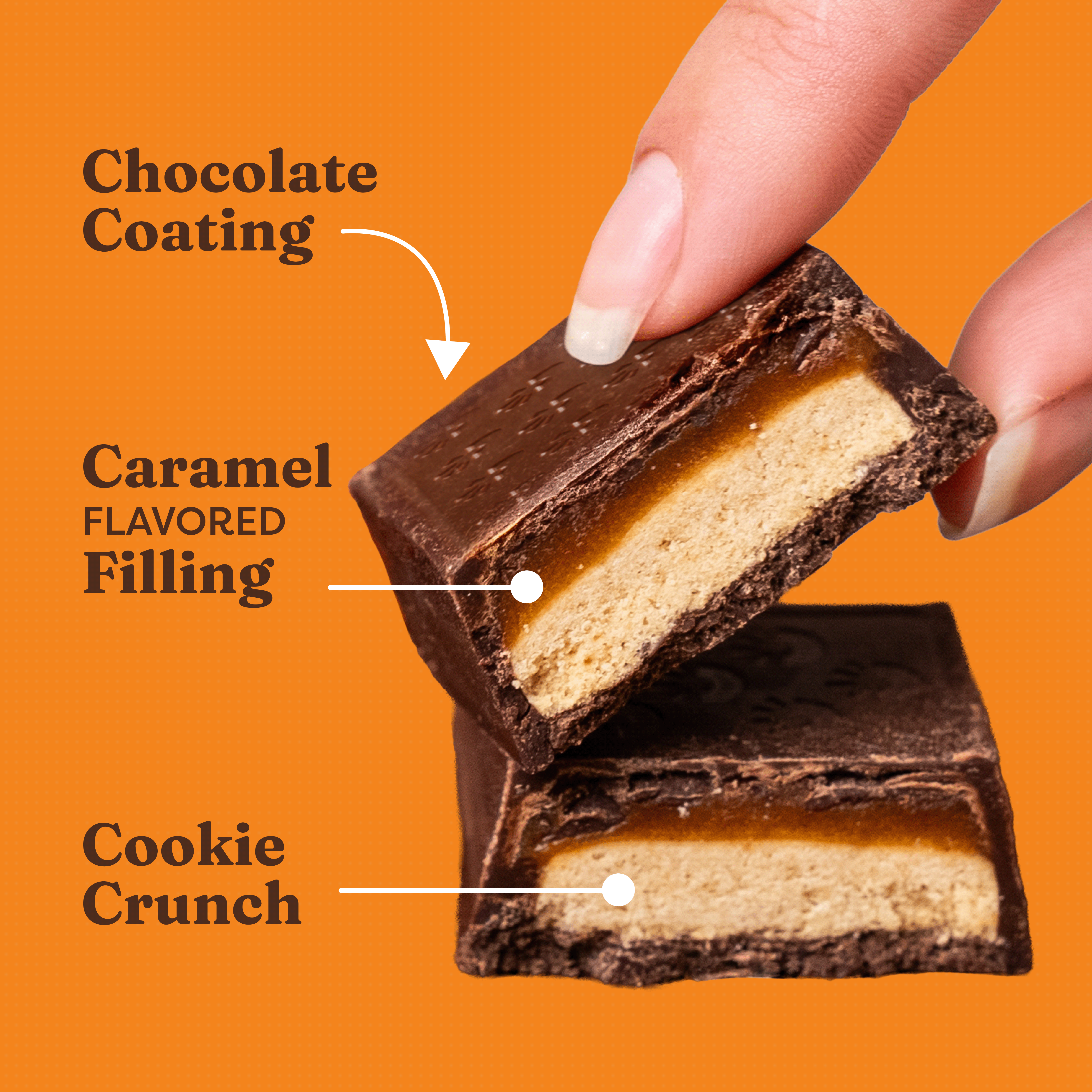 Chocolate bar with caramel filling and cookie crunch, labeled on an orange background