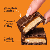 Chocolate bar with caramel filling and cookie crunch, labeled on an orange background