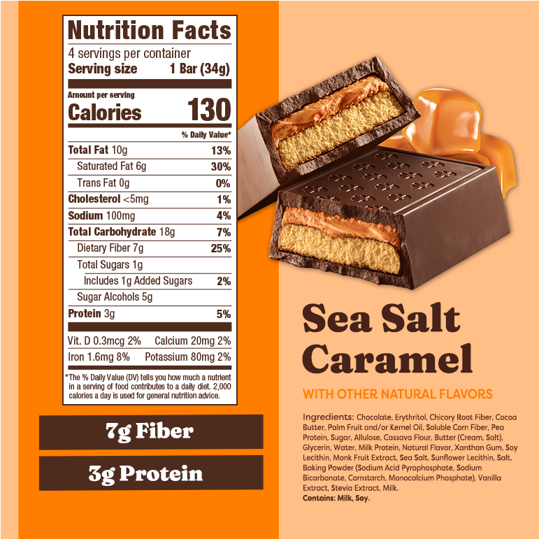 Nutrition label and packaging of a Sea Salt Caramel chocolate bar on an orange background.
