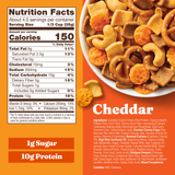 Nutrition label and bowl of cheddar-flavored snack mix on an orange background
