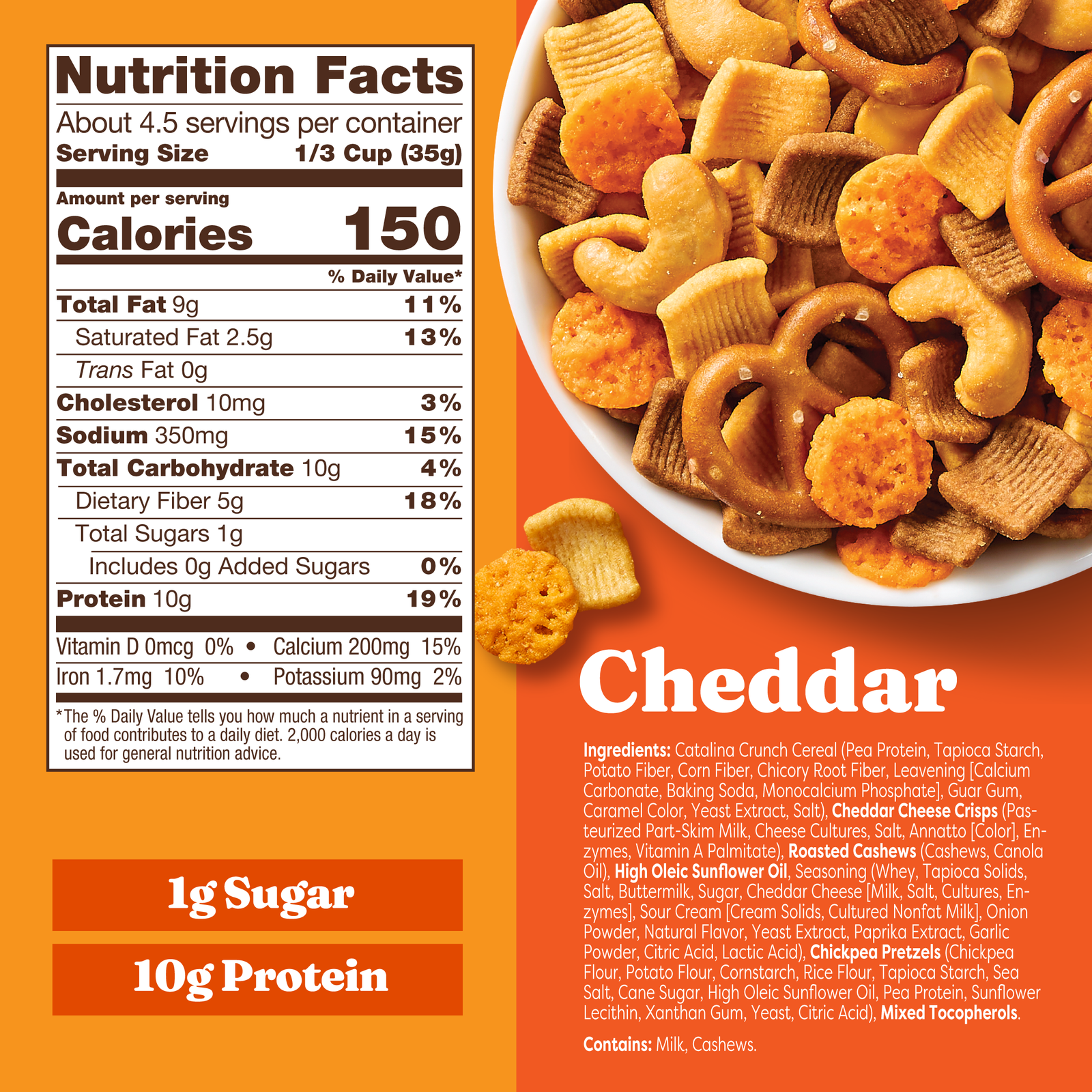 Nutrition label and bowl of cheddar-flavored snack mix on an orange background