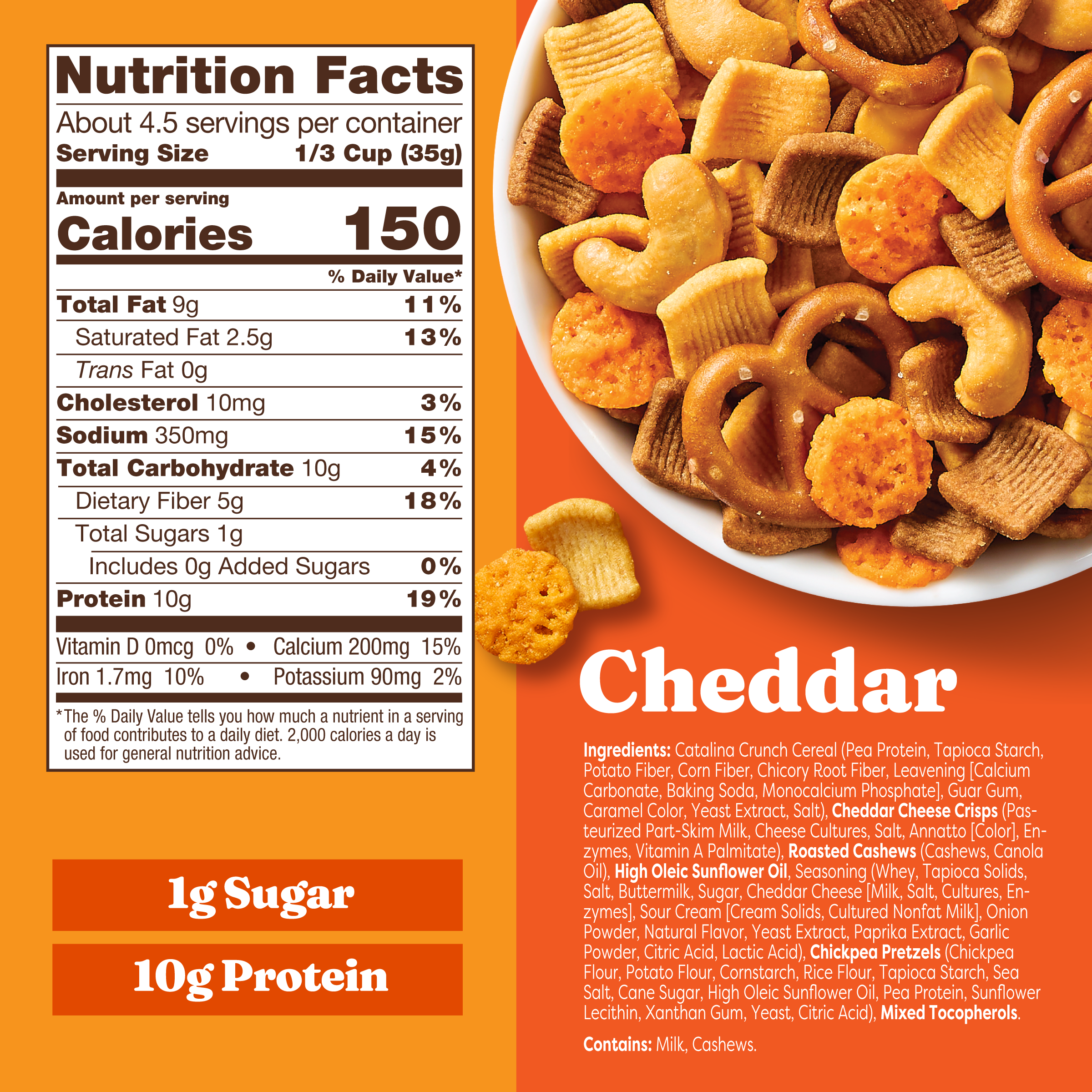 Nutrition label and bowl of cheddar-flavored snack mix on an orange background