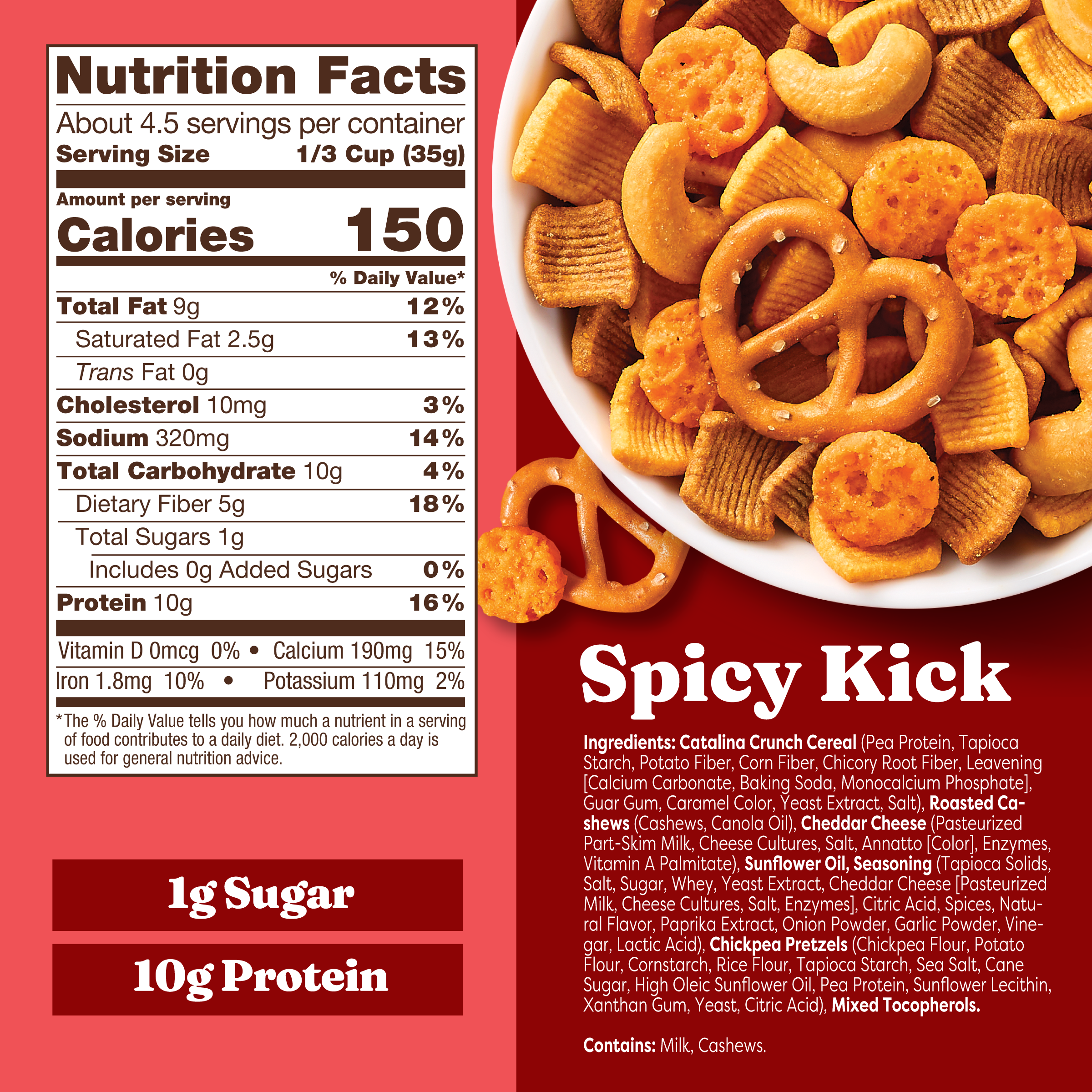 Nutrition label and bowl of spicy snack mix on a red background